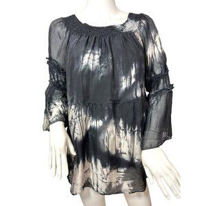 Tempo Paris Top M/L Black White Tie Dyed Long Sleeve Silk Italy Bell Sleeves